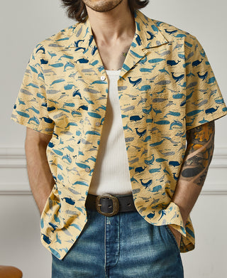 Marine Life Printed Seersucker Short Sleeve Camp Shirt