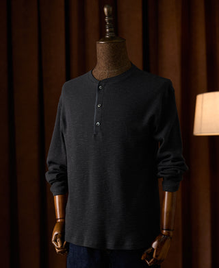 Honeycomb Waffle Knit Henley Long Sleeve T-Shirt