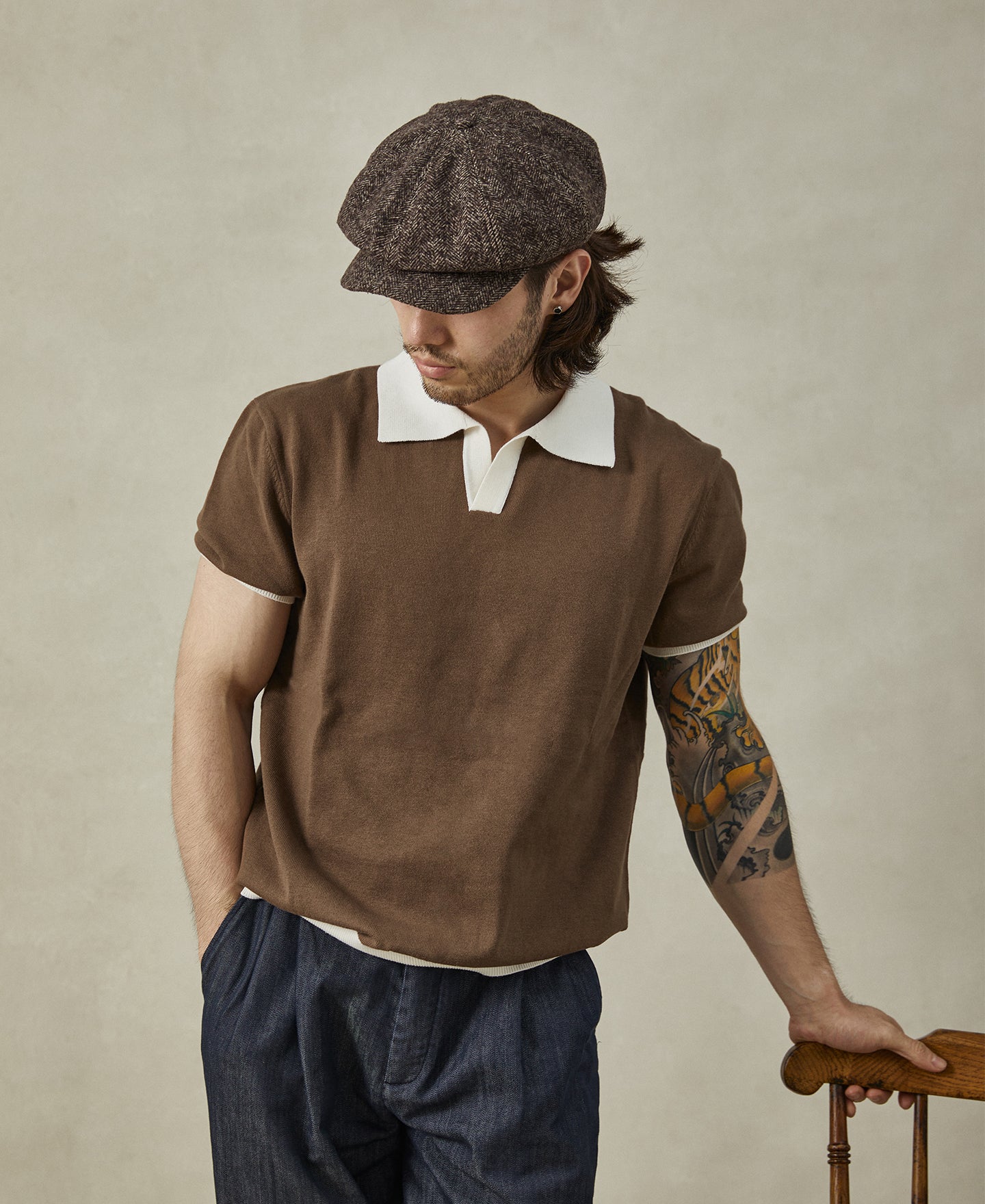 Two-Tone Johnny Collar Cotton Polo Shirt White/Brown Time