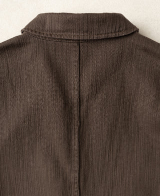 Brown herringbone blazer back yoke with center seam and stand collar