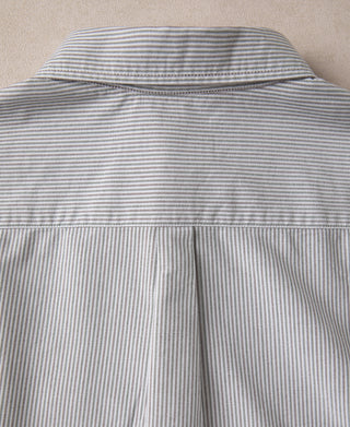 Oxford shirt back yoke and shoulders, blue-and-white vertical stripe, pleat detail.