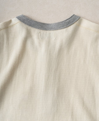 Heavyweight cotton henley shirt, cream body with gray ribbed crew collar