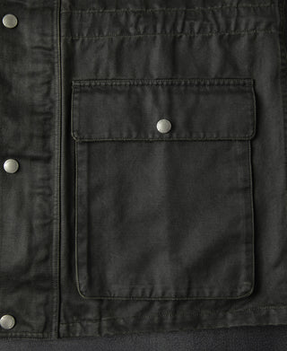 Black olive field jacket front pocket with flap and metal snap button