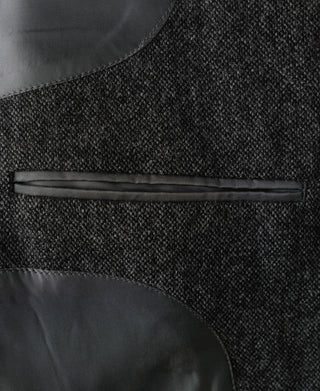 Gray wool suit jacket welt pocket flap with satin inner facing