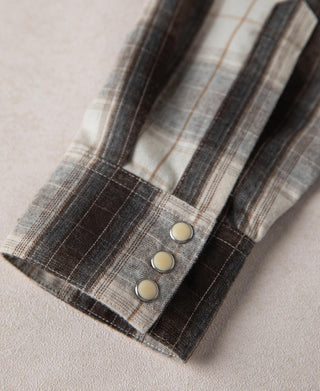 Plaid western shirt cuff with three snap buttons on dark end panel
