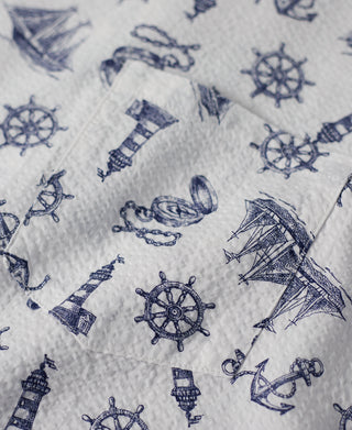 Nautical Printed Seersucker Short Sleeve Camp Shirt