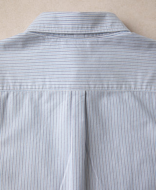 Light blue striped button-down shirt back view with yoke and pleat