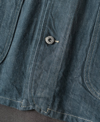 Sage blue denim jacket lower button and stitched flap with reinforced seam lines