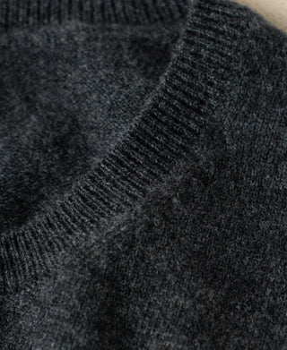 Close-up of dark heather gray sweater knit texture with ribbed collar edge