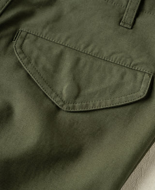 Olive cargo pants close-up of rounded cargo pocket with stitched flap