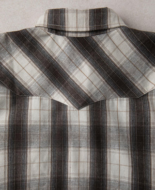 Plaid western shirt back yoke with high collar and long shoulder yoke seam