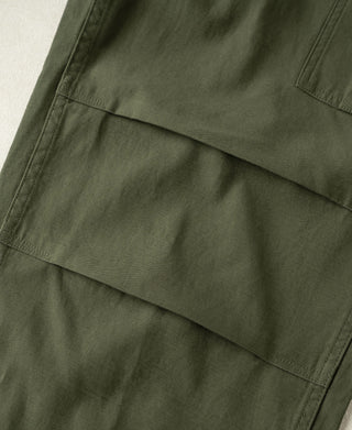 Olive cargo pants close-up of mid-leg panel and stitched pocket opening
