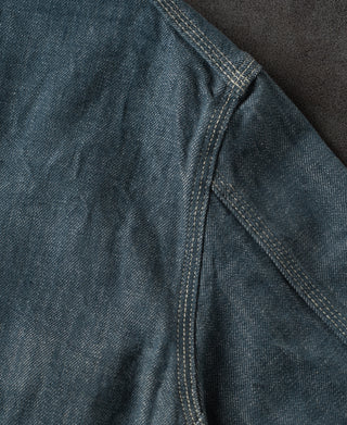 Sage blue denim jacket sleeve seam with double-stitched construction and edge stitching