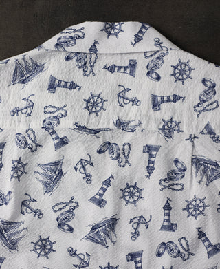 Nautical Printed Seersucker Short Sleeve Camp Shirt