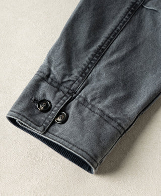Gray-blue canvas jacket cuff with ribbed knit lining and two-button tab