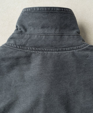 Gray-blue canvas jacket back with bucket-style top and central seam