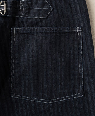 Indigo herringbone denim pants back cargo pocket with straight stitch and top seam