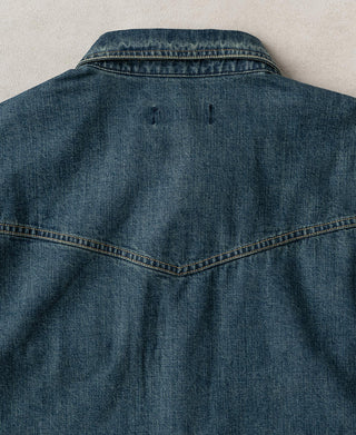 Washed denim shirt back yoke with V-shaped seam and topstitching