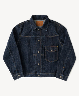 A dark indigo denim type 1 jacket with silver-toned metal buttons and contrast stitching.