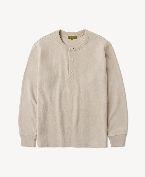 Oatmeal cotton henley shirt with long sleeves and three-button placket