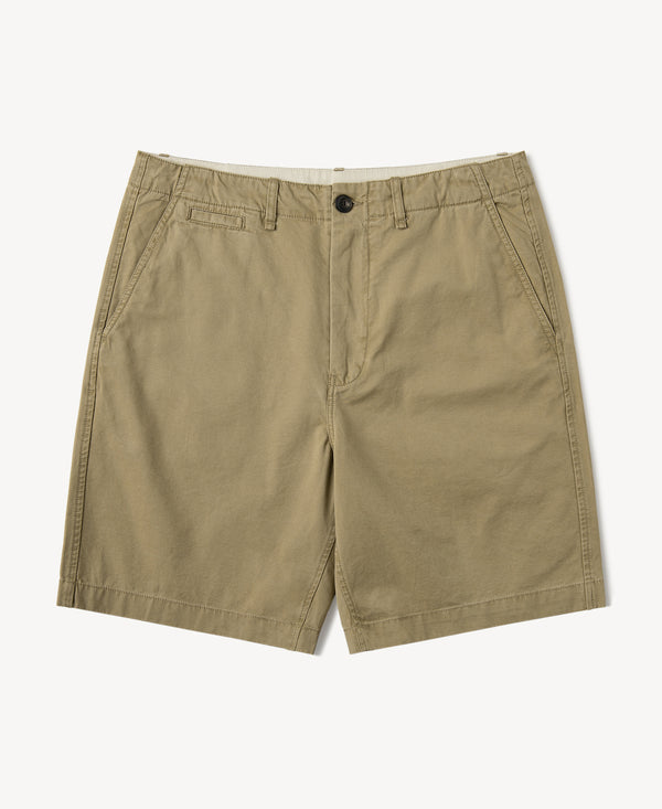 Khaki washed chino shorts with black button closure and belt loops