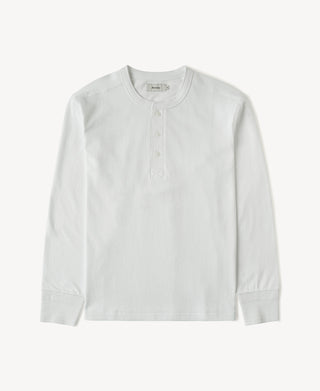 Front view of a white 1930s inspired loopwheel cotton Henley shirt with three-button placket.