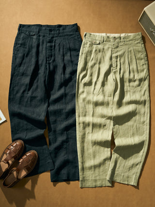 1940s Double-Pleated Pure Hemp Pants in Olive and Black