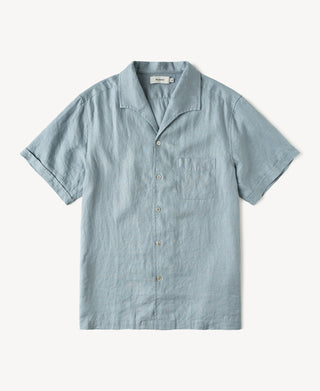 1950s Italian Collar Linen Short Sleeve Shirt in Light Blue