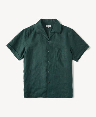 1950s Italian Collar Linen Short Sleeve Shirt in Dark Green