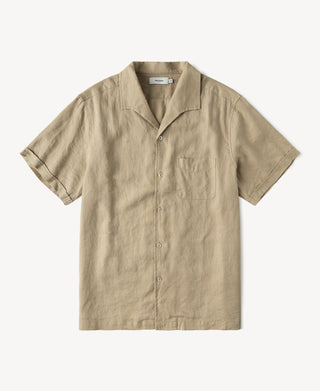 1950s Italian Collar Linen Short Sleeve Shirt in Dark Green