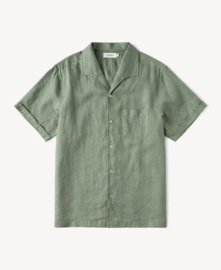 1950s Italian Collar Linen Short Sleeve Shirt in Dark Green