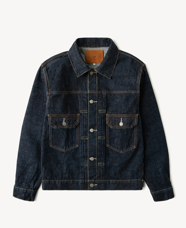 Indigo denim jacket with two chest flap pockets, button front, and contrast stitch lines
