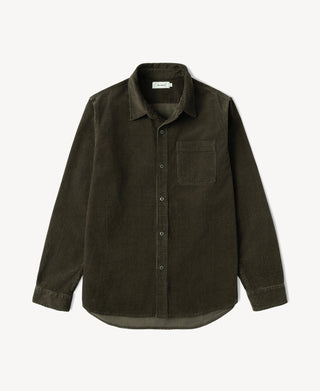 Dark green cotton corduroy work shirt with button front and chest pocket