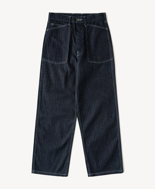 Indigo herringbone denim fatigue pants with buckle-back waistband and cargo pockets