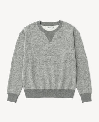 Heather gray crewneck sweatshirt with V-shaped neckline and ribbed cuffs and hem