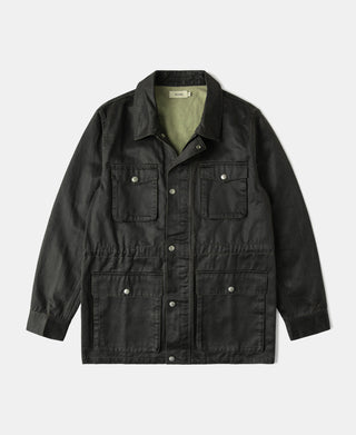 Black olive field jacket with button front, collar, and four chest pockets