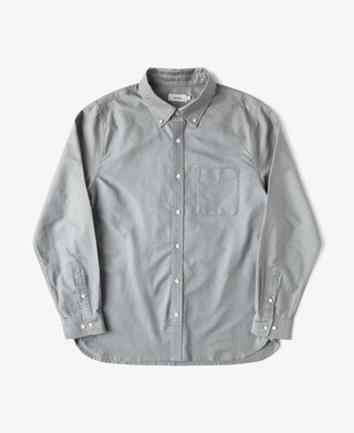 Gray oxford button-down shirt with front button placket and chest pocket