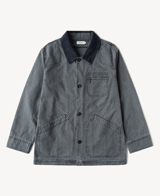 Gray-blue canvas hunting field jacket with button front and two chest pockets