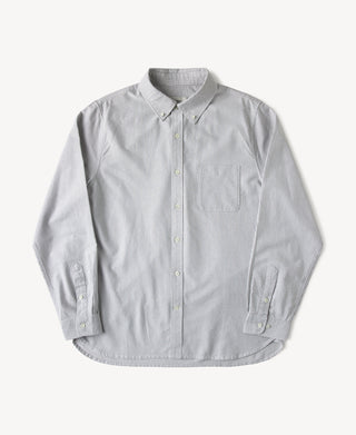 Oxford button-down shirt, blue-and-white vertical stripe, button front, chest pocket.