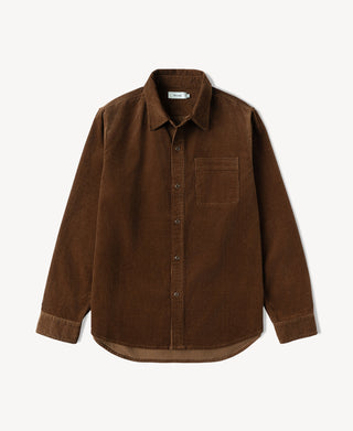 Brown cotton corduroy work shirt with button-front and chest pocket