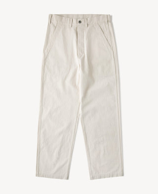 White herringbone deck pants with button fly and relaxed straight-leg fit
