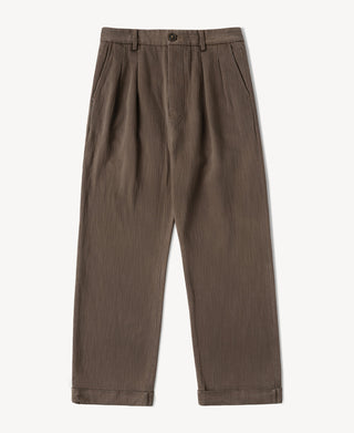 Brown herringbone double-pleated trousers with straight legs and belt loops