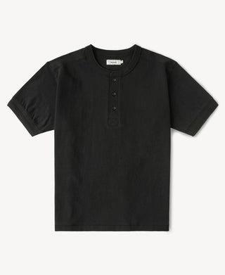 Heavyweight Cotton Tubular Short-Sleeve Henley Shirt in Black