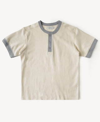 Cream heavyweight cotton henley shirt with gray contrast collar and partial button placket