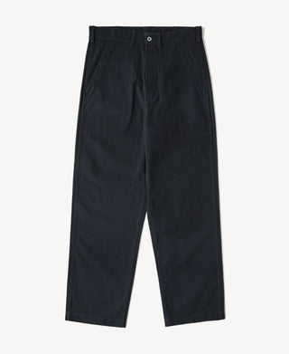 Navy herringbone deck pants with button waistband and two front slash pockets