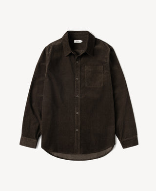 Coffee brown corduroy work shirt with button-front and chest pocket