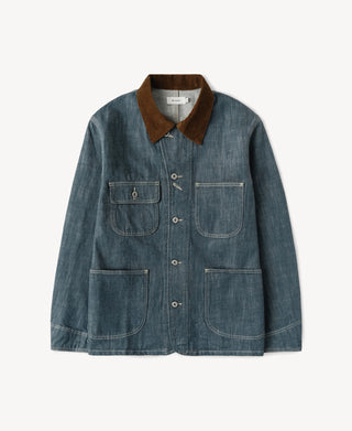 Sage blue denim barn jacket with brown corduroy collar, four flap chest pockets, snaps