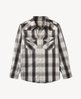 Plaid western shirt with pointed yoke, snap front, and chest point-pocket detail