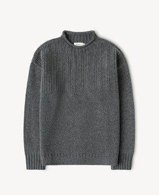 Gray wool mock neck sweater with vertical ribbed chest and ribbed cuffs