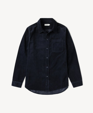 Indigo corduroy work shirt with button front and chest pocket